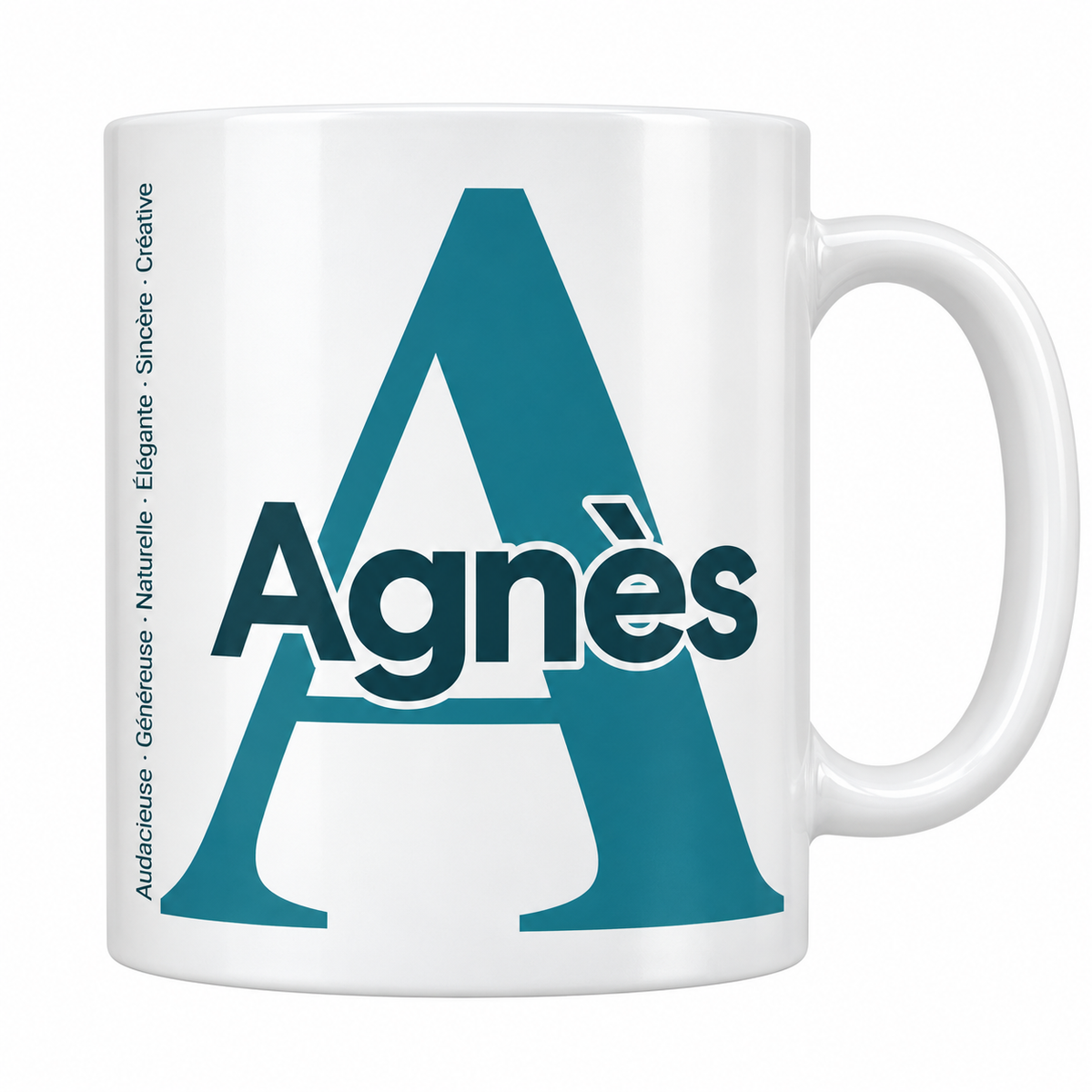 Mug blanc céramique 330 ml prénom Agnès : grande initiale A, prénom Agnès en lettres bold et six qualités verticales sur le côté