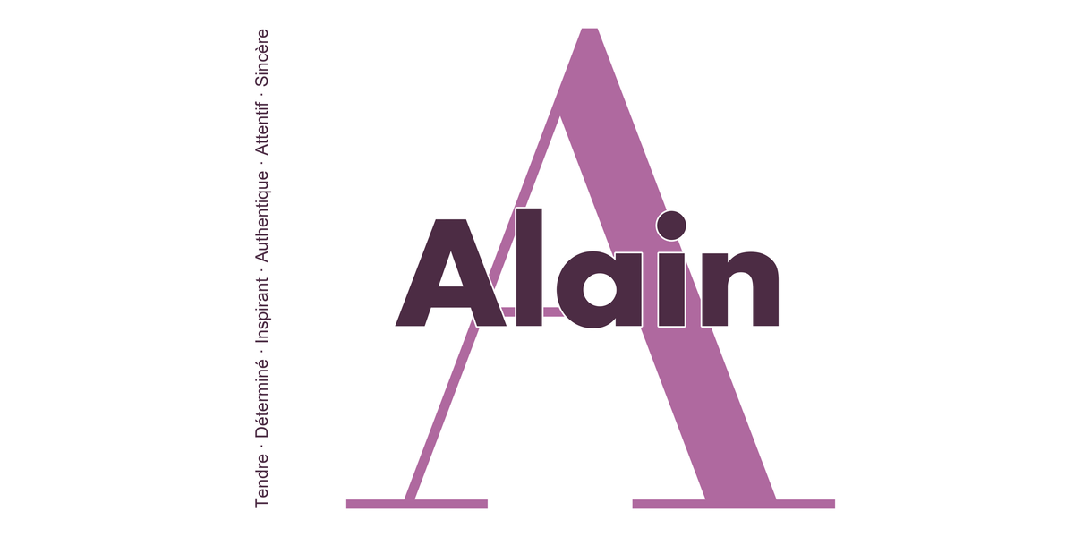 Visuel à plat du mug prénom Alain : initiale A pleine hauteur, prénom Alain centré et ligne verticale « Tendre · Déterminé · Inspirant · Authentique · Attentif · Sincère »