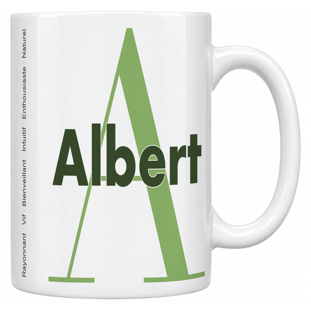 Mug blanc céramique 330 ml prénom Albert : grande initiale A, prénom Albert en lettres bold et six qualités verticales sur le côté