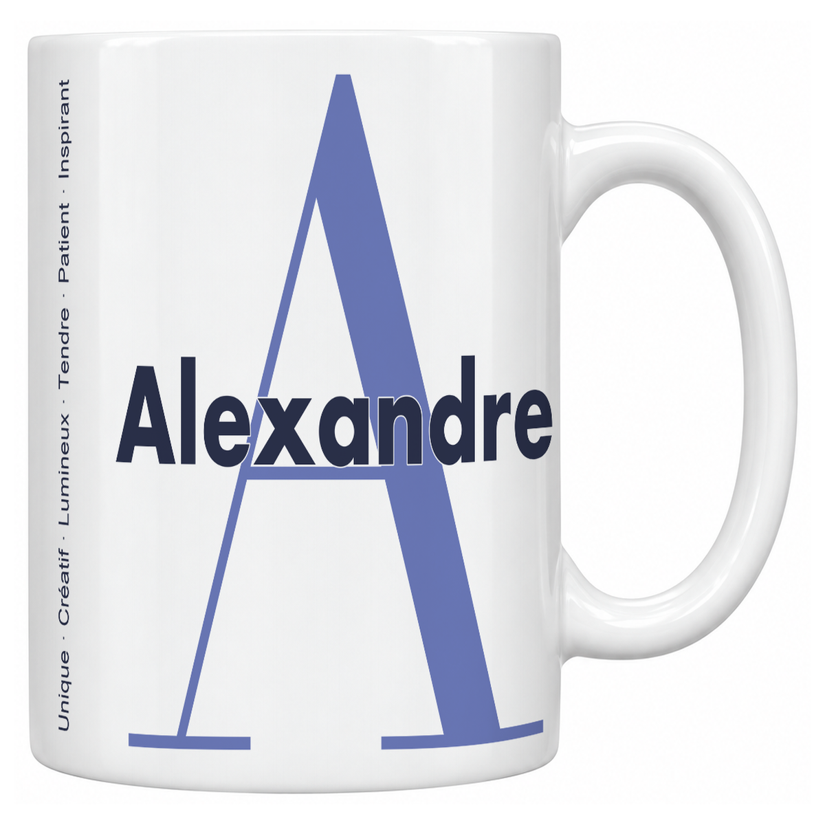 Mug blanc céramique 330 ml prénom Alexandre : grande initiale A, prénom Alexandre en lettres bold et six qualités verticales sur le côté