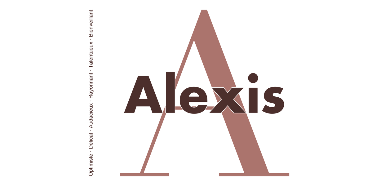 Visuel à plat du mug prénom Alexis : initiale A pleine hauteur, prénom Alexis centré et ligne verticale « Optimiste · Délicat · Audacieux · Rayonnant · Talentueux · Bienveillant »