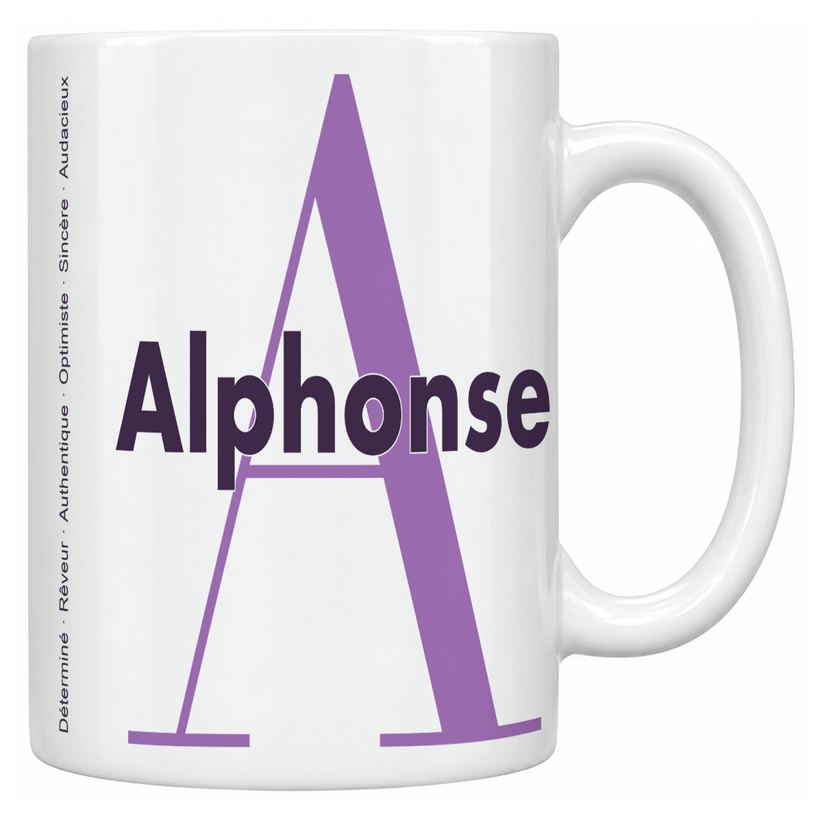 Mug blanc céramique 330 ml prénom Alphonse : grande initiale A, prénom Alphonse en lettres bold et six qualités verticales sur le côté