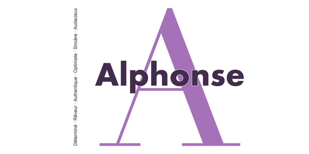Visuel à plat du mug prénom Alphonse : initiale A pleine hauteur, prénom Alphonse centré et ligne verticale « Déterminé · Rêveur · Authentique · Optimiste · Sincère · Audacieux »