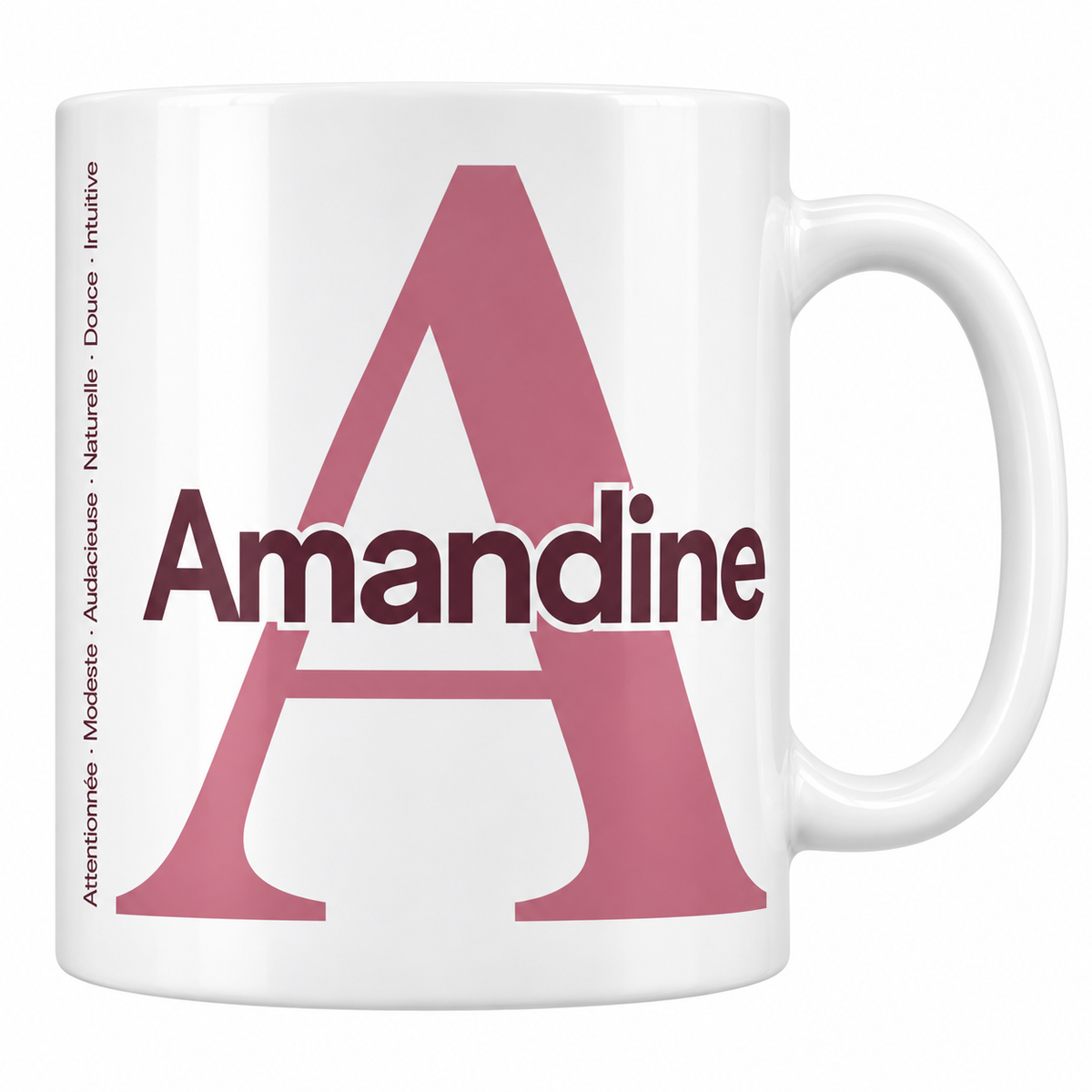 Mug blanc céramique 330 ml prénom Amandine : grande initiale A, prénom Amandine en lettres bold et six qualités verticales sur le côté