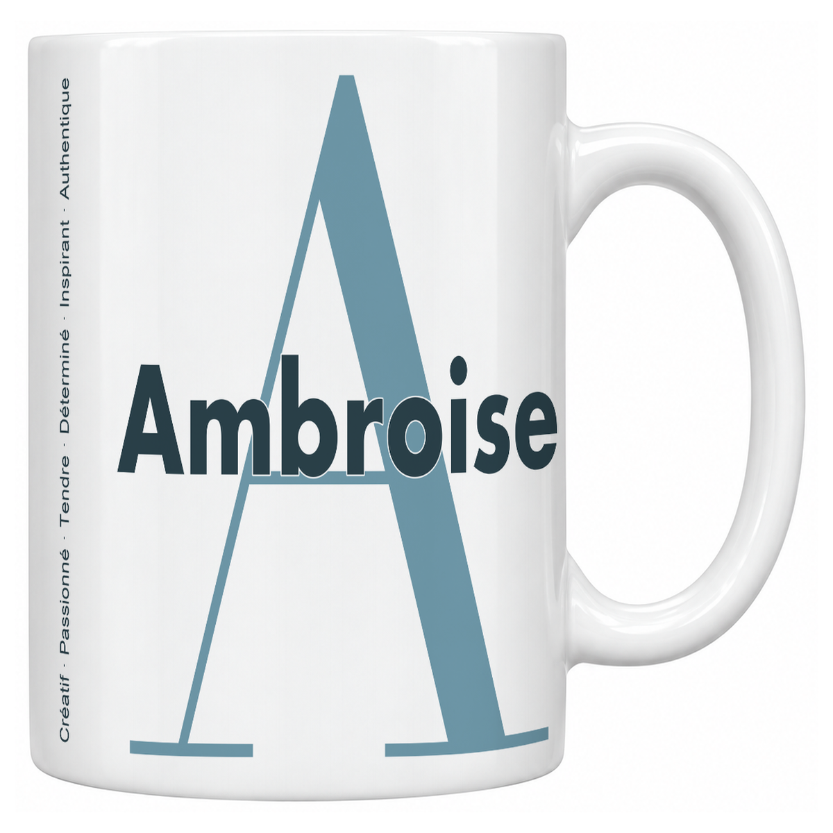 Mug blanc céramique 330 ml prénom Ambroise : grande initiale A, prénom Ambroise en lettres bold et six qualités verticales sur le côté