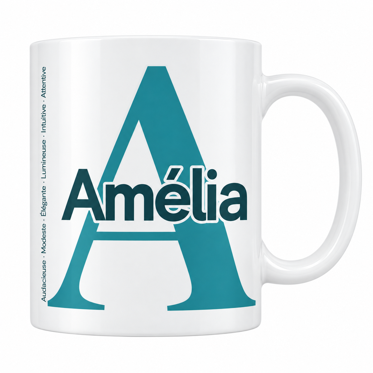 Mug blanc céramique 330 ml prénom Amélia : grande initiale A, prénom Amélia en lettres bold et six qualités verticales sur le côté