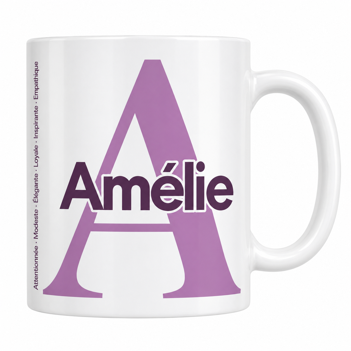 Mug blanc céramique 330 ml prénom Amélie : grande initiale A, prénom Amélie en lettres bold et six qualités verticales sur le côté
