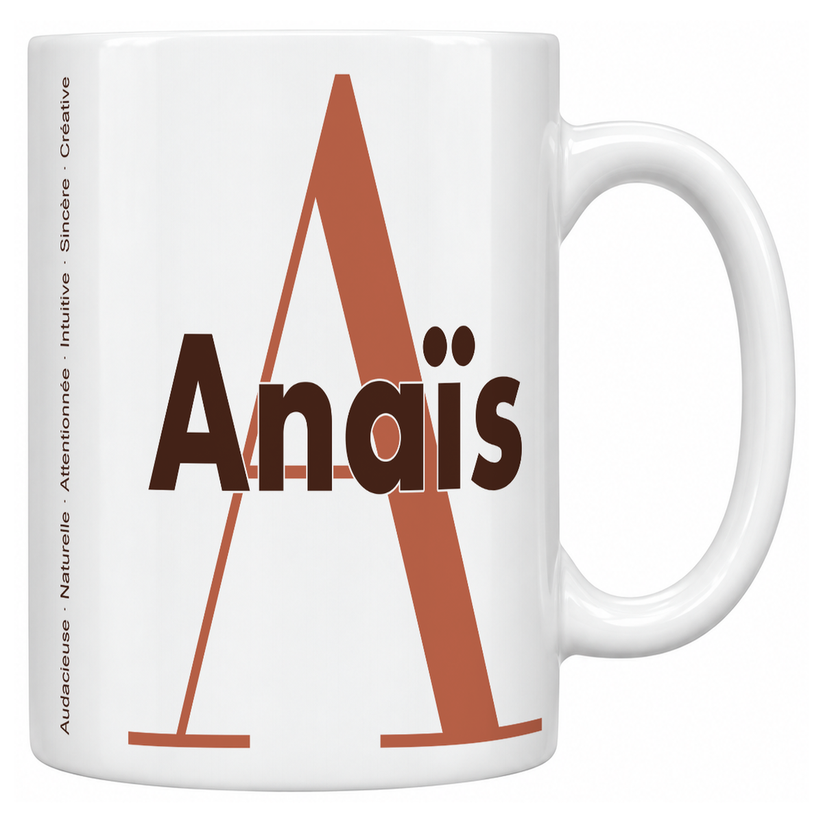 Mug blanc céramique 330 ml prénom Anaïs : grande initiale A, prénom Anaïs en lettres bold et six qualités verticales sur le côté