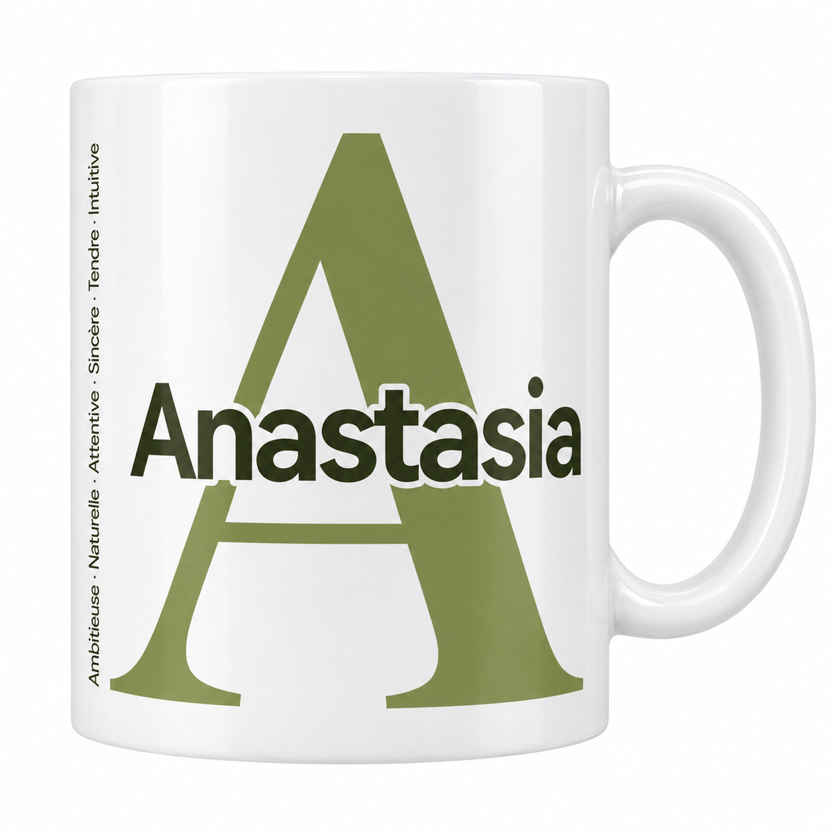 Mug blanc céramique 330 ml prénom Anastasia : grande initiale A, prénom Anastasia en lettres bold et six qualités verticales sur le côté