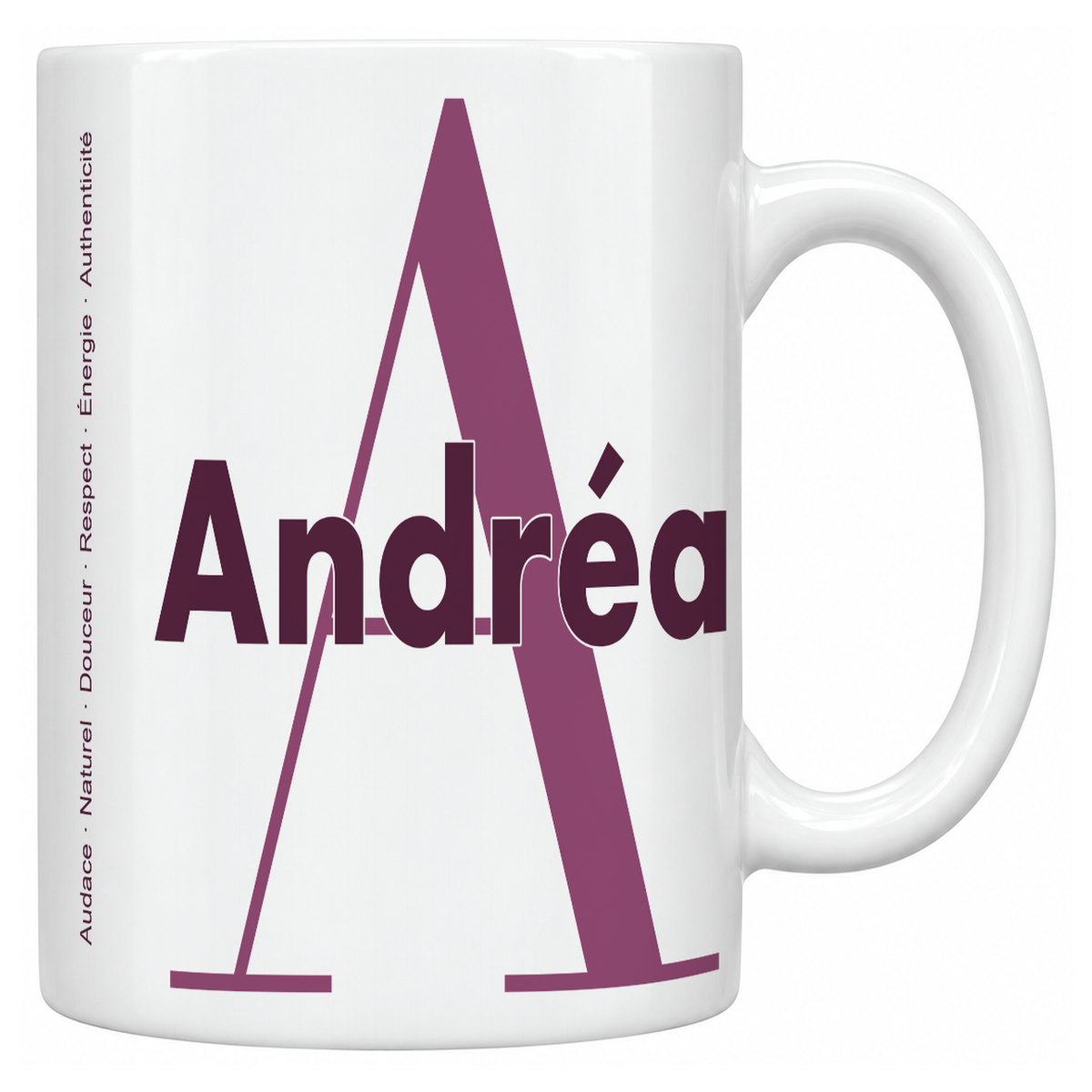 Mug blanc céramique 330 ml prénom Andréa : grande initiale A, prénom Andréa en lettres bold et six qualités verticales sur le côté