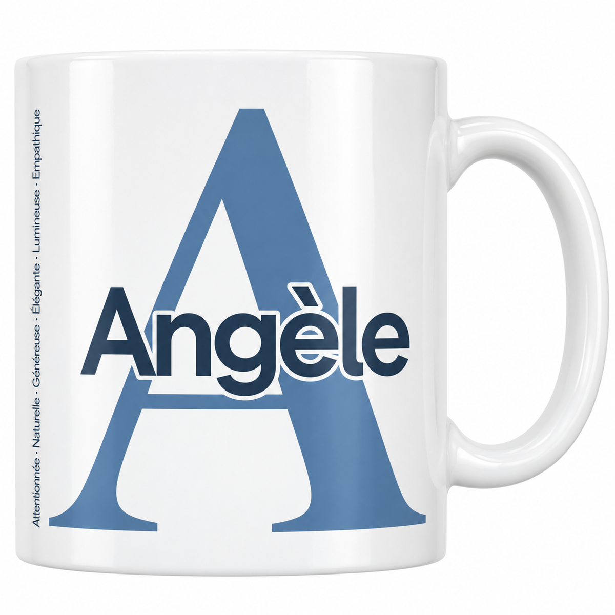 Mug blanc céramique 330 ml prénom Angèle : grande initiale A, prénom Angèle en lettres bold et six qualités verticales sur le côté