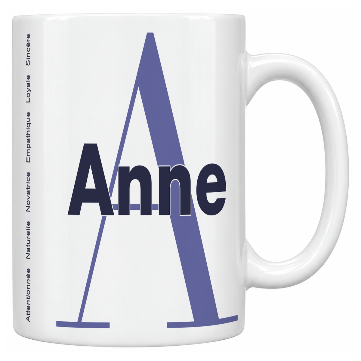 Mug blanc céramique 330 ml prénom Anne : grande initiale A, prénom Anne en lettres bold et six qualités verticales sur le côté