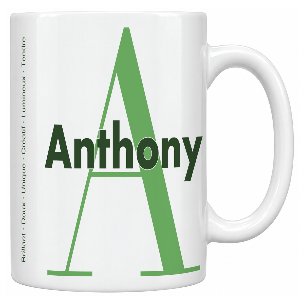 Mug blanc céramique 330 ml prénom Anthony : grande initiale A, prénom Anthony en lettres bold et six qualités verticales sur le côté