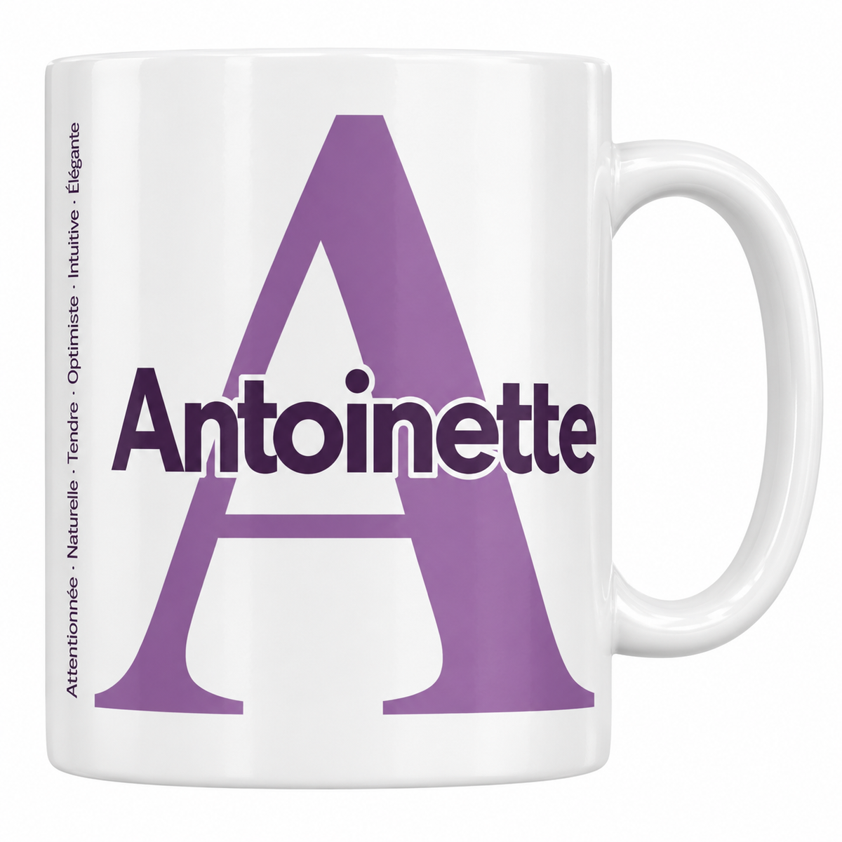 Mug blanc céramique 330 ml prénom Antoinette : grande initiale A, prénom Antoinette en lettres bold et six qualités verticales sur le côté