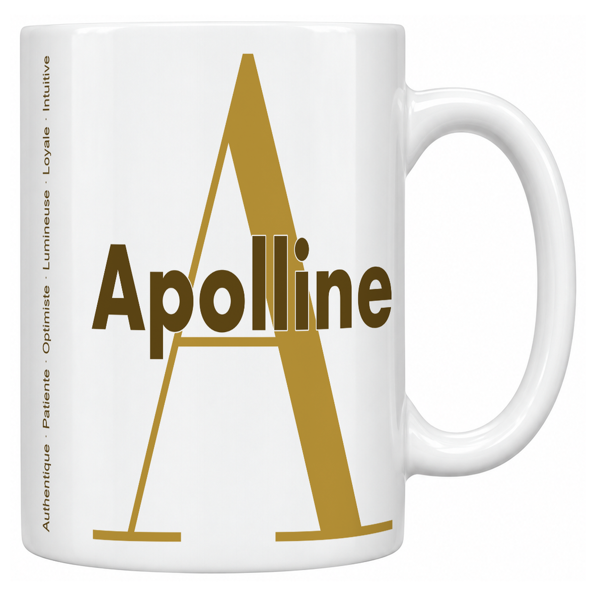 Mug blanc céramique 330 ml prénom Apolline : grande initiale A, prénom Apolline en lettres bold et six qualités verticales sur le côté