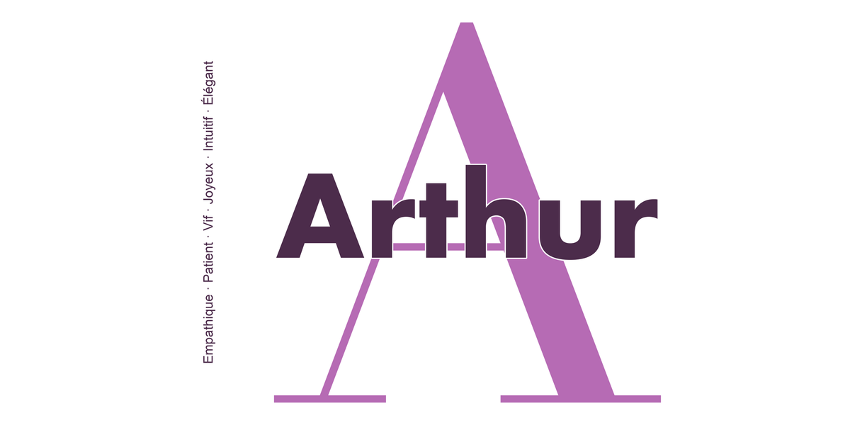 Visuel à plat du mug prénom Arthur : initiale A pleine hauteur, prénom Arthur centré et ligne verticale « Empathique · Patient · Vif · Joyeux · Intuitif · Élégant »