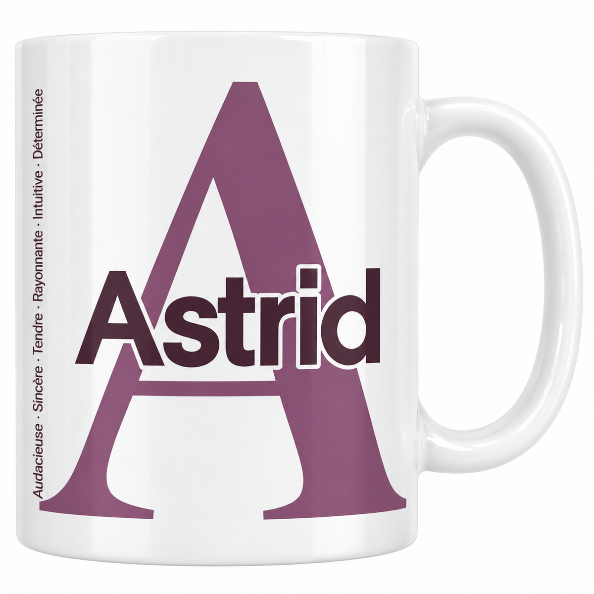 Mug blanc céramique 330 ml prénom Astrid : grande initiale A, prénom Astrid en lettres bold et six qualités verticales sur le côté
