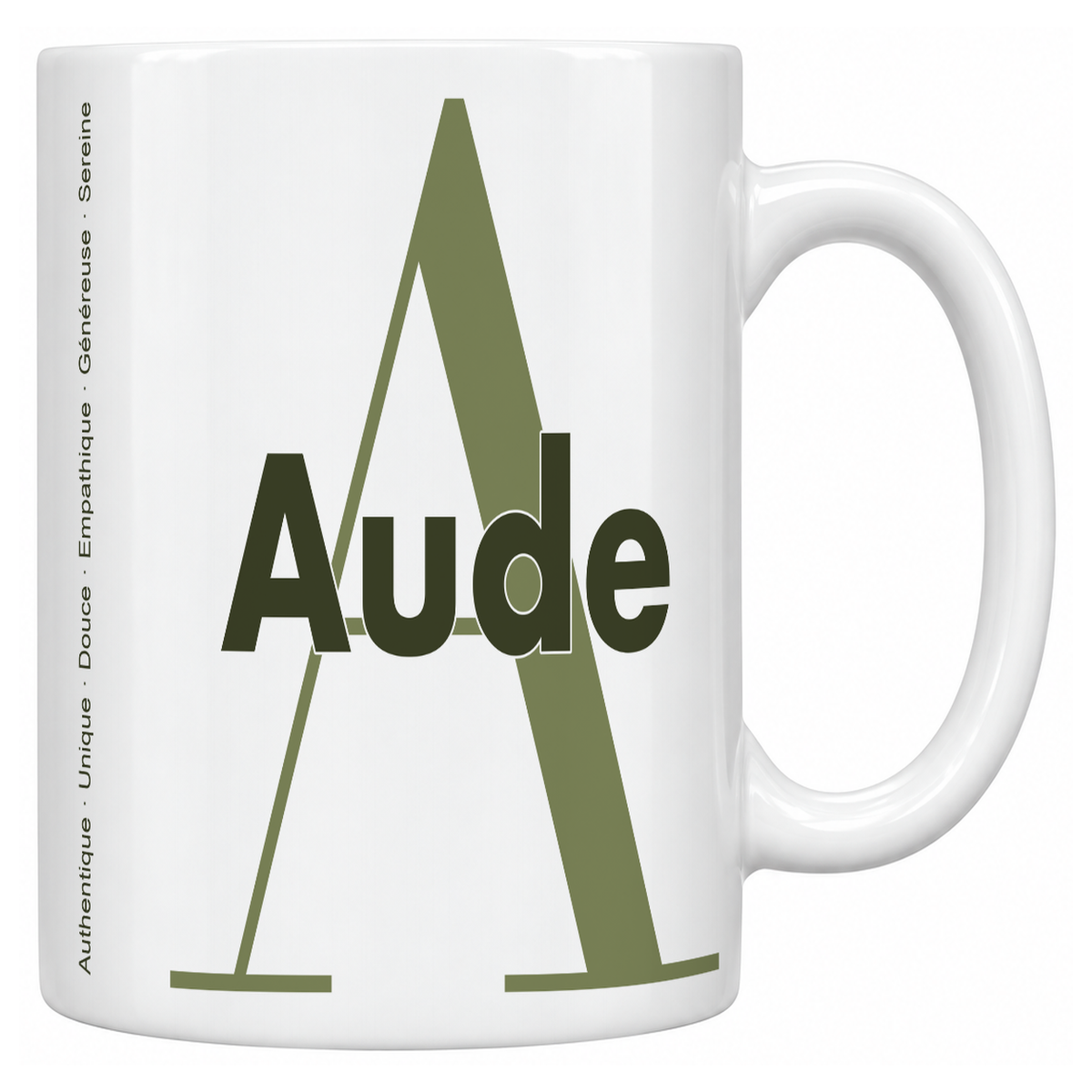 Mug blanc céramique 330 ml prénom Aude : grande initiale A, prénom Aude en lettres bold et six qualités verticales sur le côté