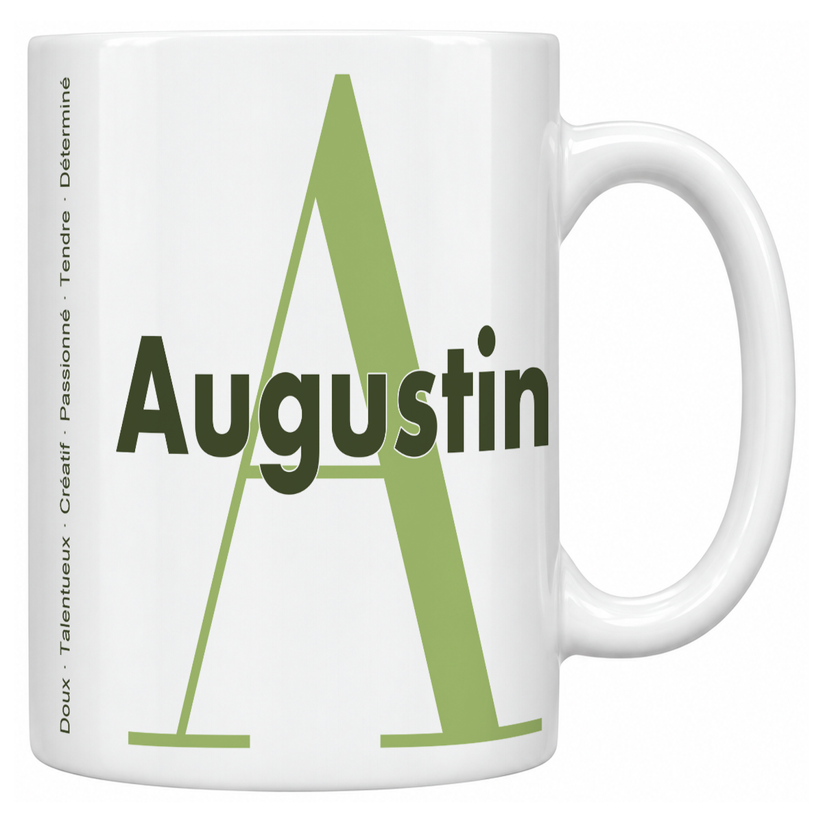 Mug blanc céramique 330 ml prénom Augustin : grande initiale A, prénom Augustin en lettres bold et six qualités verticales sur le côté