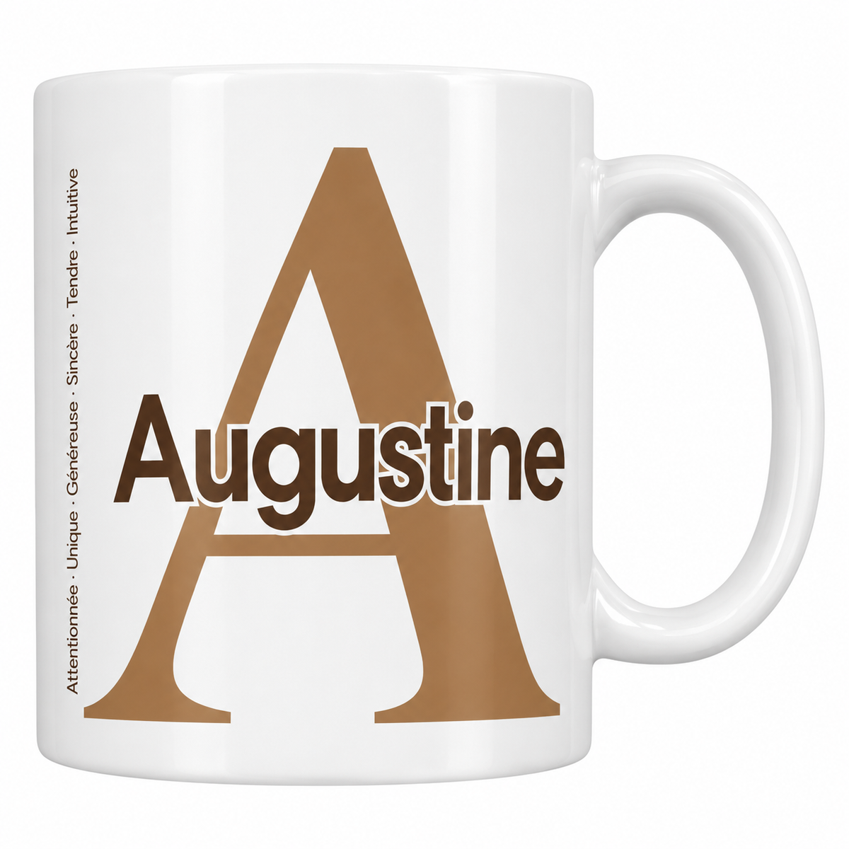 Mug blanc céramique 330 ml prénom Augustine : grande initiale A, prénom Augustine en lettres bold et six qualités verticales sur le côté
