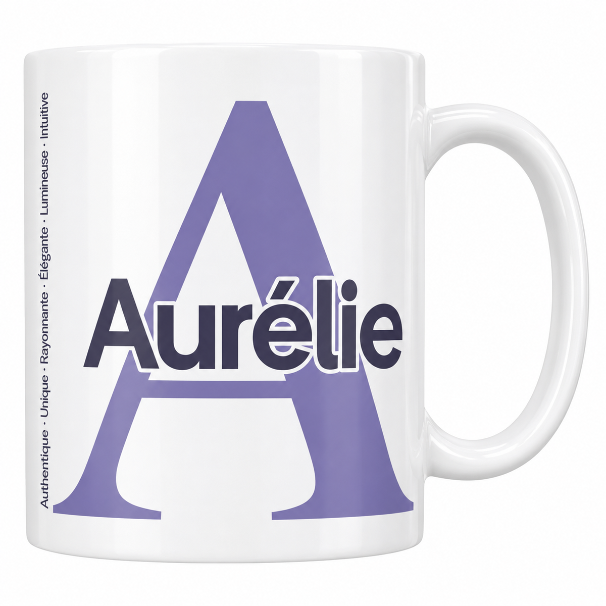 Mug blanc céramique 330 ml prénom Aurélie : grande initiale A, prénom Aurélie en lettres bold et six qualités verticales sur le côté