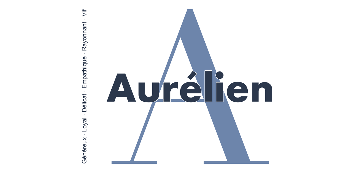 Visuel à plat du mug prénom Aurélien : initiale A pleine hauteur, prénom Aurélien centré et ligne verticale « Généreux · Loyal · Délicat · Empathique · Rayonnant · Vif »