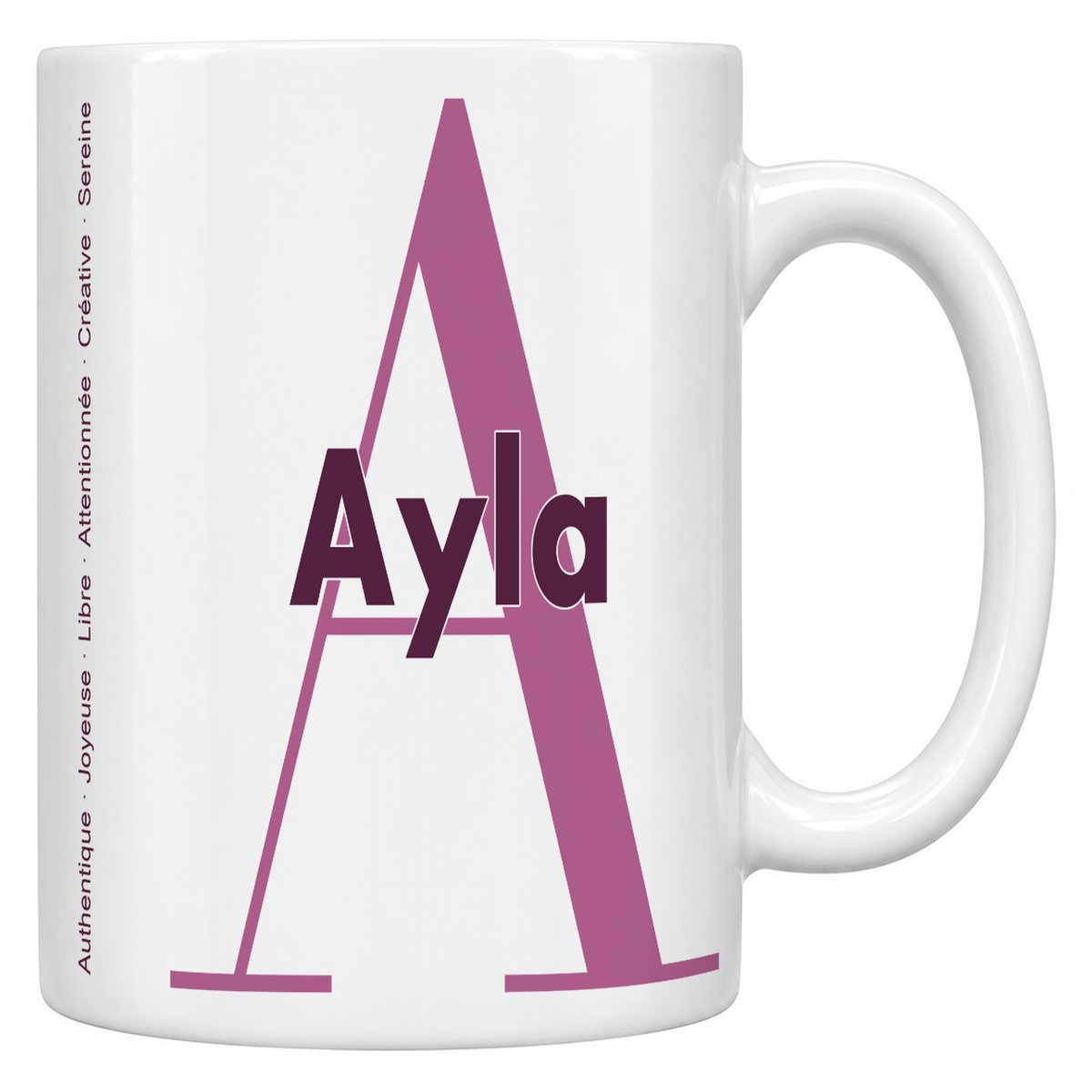 Mug blanc céramique 330 ml prénom Ayla : grande initiale A, prénom Ayla en lettres bold et six qualités verticales sur le côté