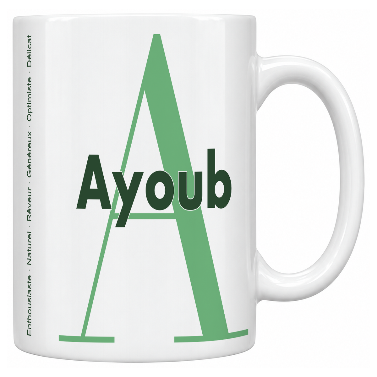 Mug blanc céramique 330 ml prénom Ayoub : grande initiale A, prénom Ayoub en lettres bold et six qualités verticales sur le côté