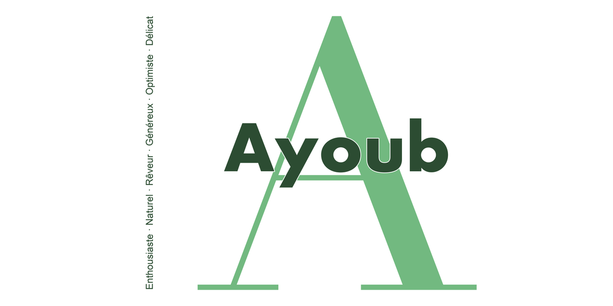 Visuel à plat du mug prénom Ayoub : initiale A pleine hauteur, prénom Ayoub centré et ligne verticale « Enthousiaste · Naturel · Rêveur · Généreux · Optimiste · Délicat »