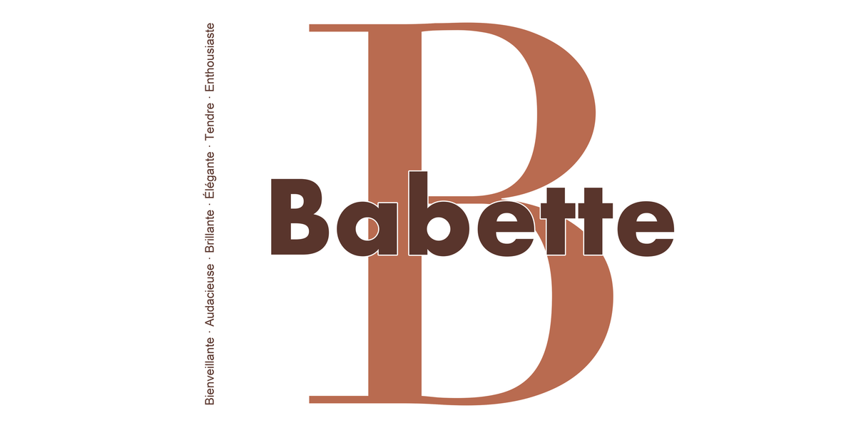 Visuel à plat du mug prénom Babette : initiale B pleine hauteur, prénom Babette centré et ligne verticale « Bienveillante · Audacieuse · Brillante · Élégante · Tendre · Enthousiaste »