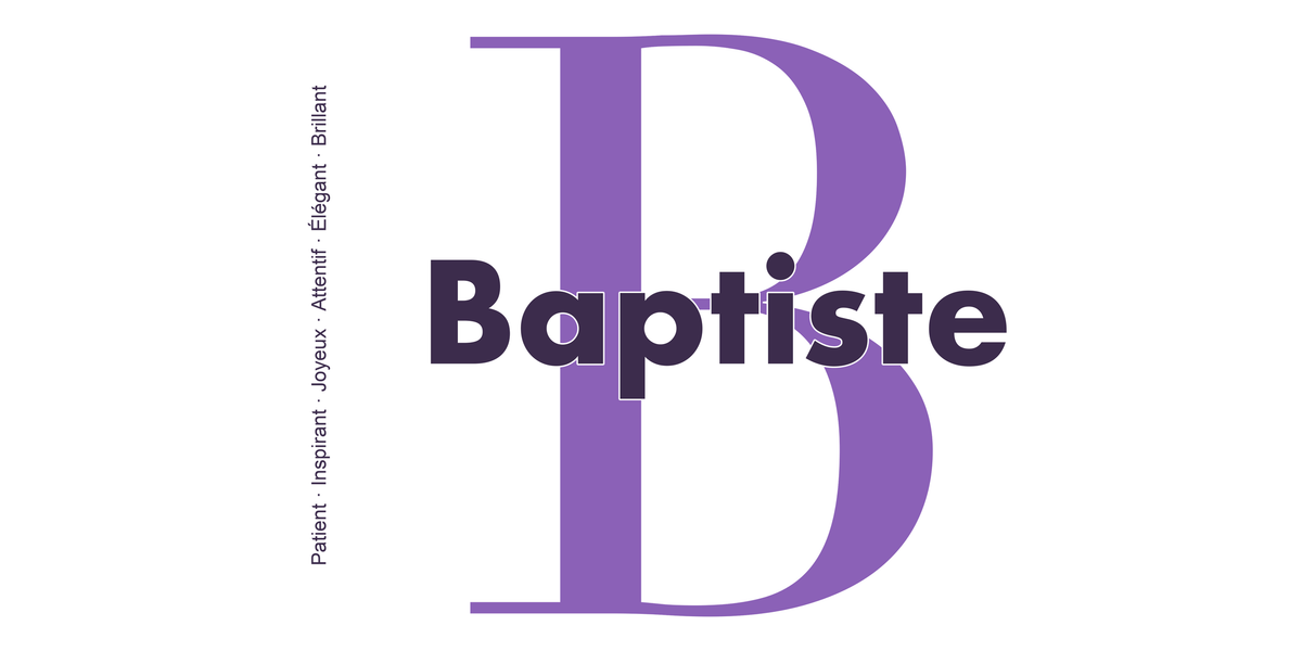 Visuel à plat du mug prénom Baptiste : initiale B pleine hauteur, prénom Baptiste centré et ligne verticale « Patient · Inspirant · Joyeux · Attentif · Élégant · Brillant »