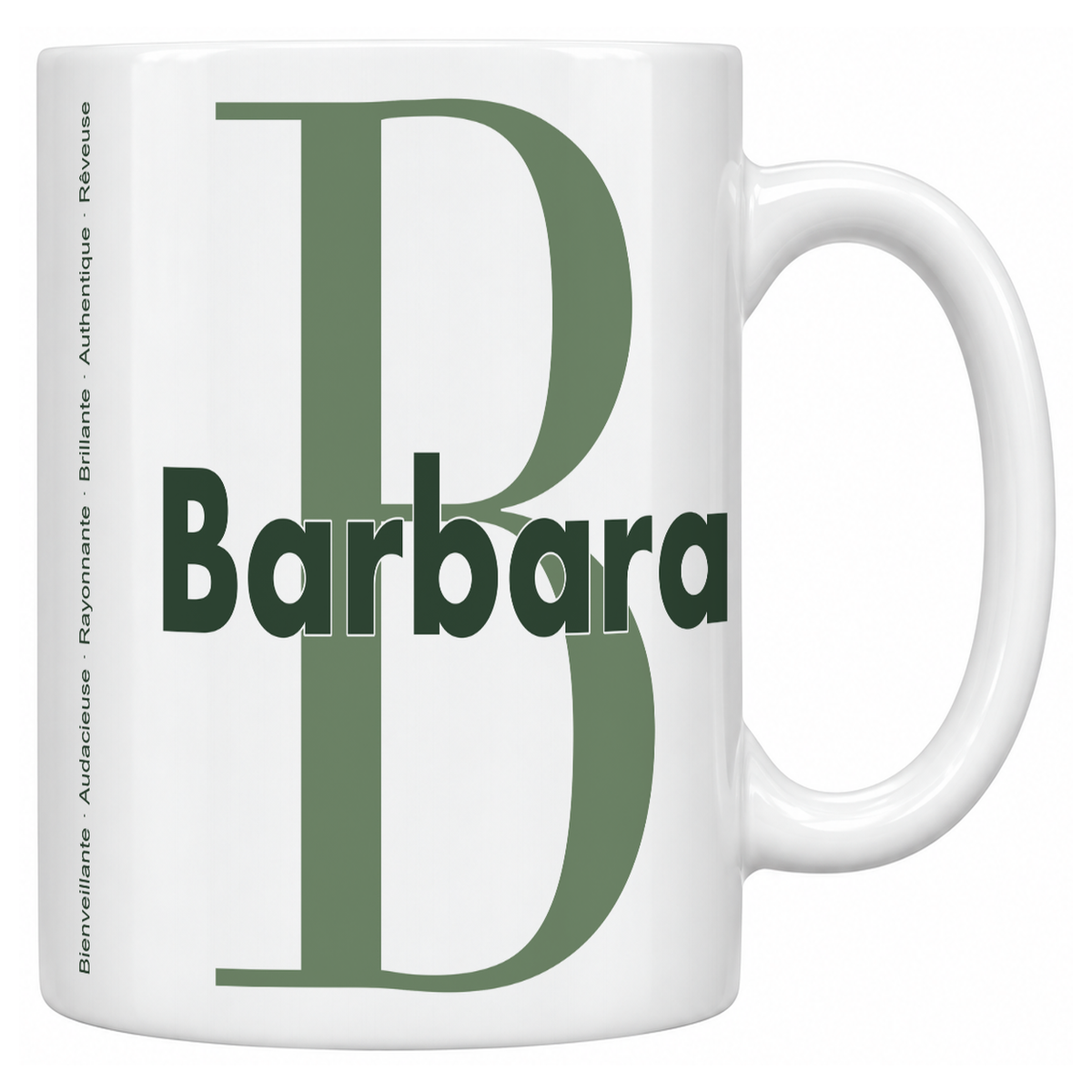 Mug blanc céramique 330 ml prénom Barbara : grande initiale B, prénom Barbara en lettres bold et six qualités verticales sur le côté