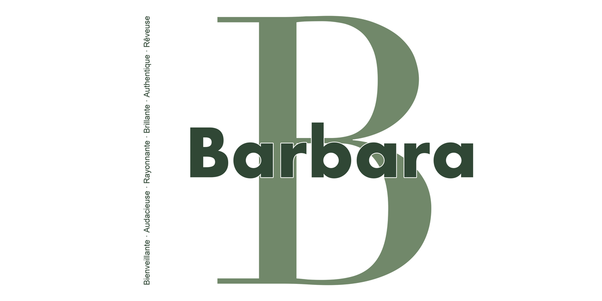 Visuel à plat du mug prénom Barbara : initiale B pleine hauteur, prénom Barbara centré et ligne verticale « Bienveillante · Audacieuse · Rayonnante · Brillante · Authentique · Rêveuse »