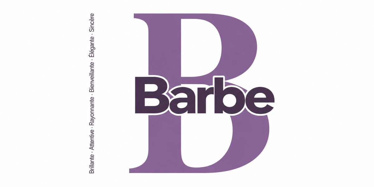 Visuel à plat du mug prénom Barbe : initiale B pleine hauteur, prénom Barbe centré et ligne verticale « Brillante · Attentive · Rayonnante · Bienveillante · Élégante · Sincère »