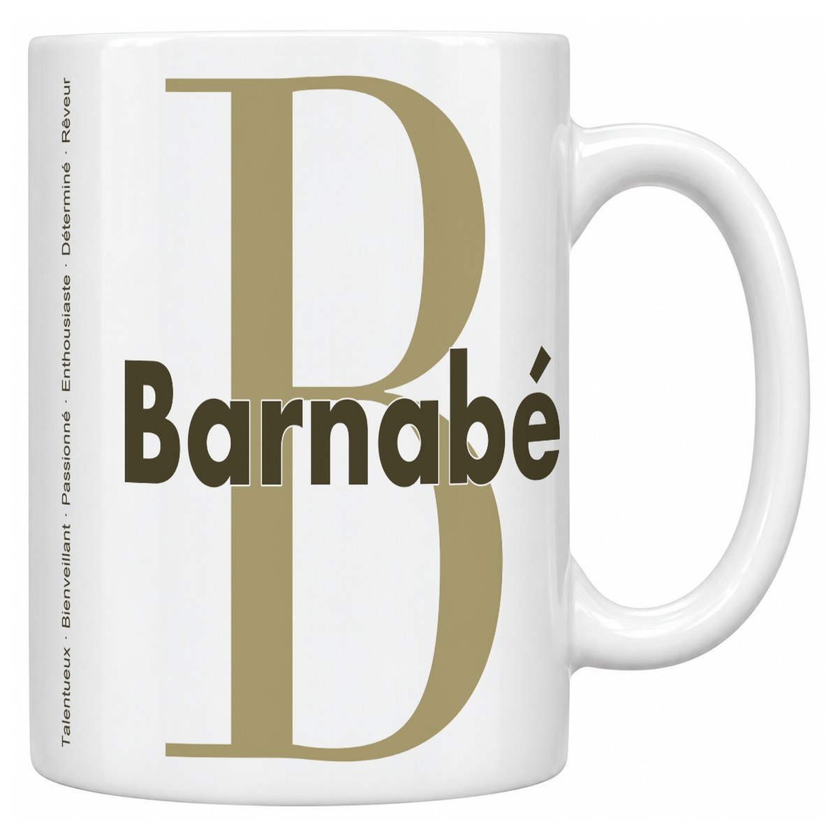 Mug blanc céramique 330 ml prénom Barnabé : grande initiale B, prénom Barnabé en lettres bold et six qualités verticales sur le côté