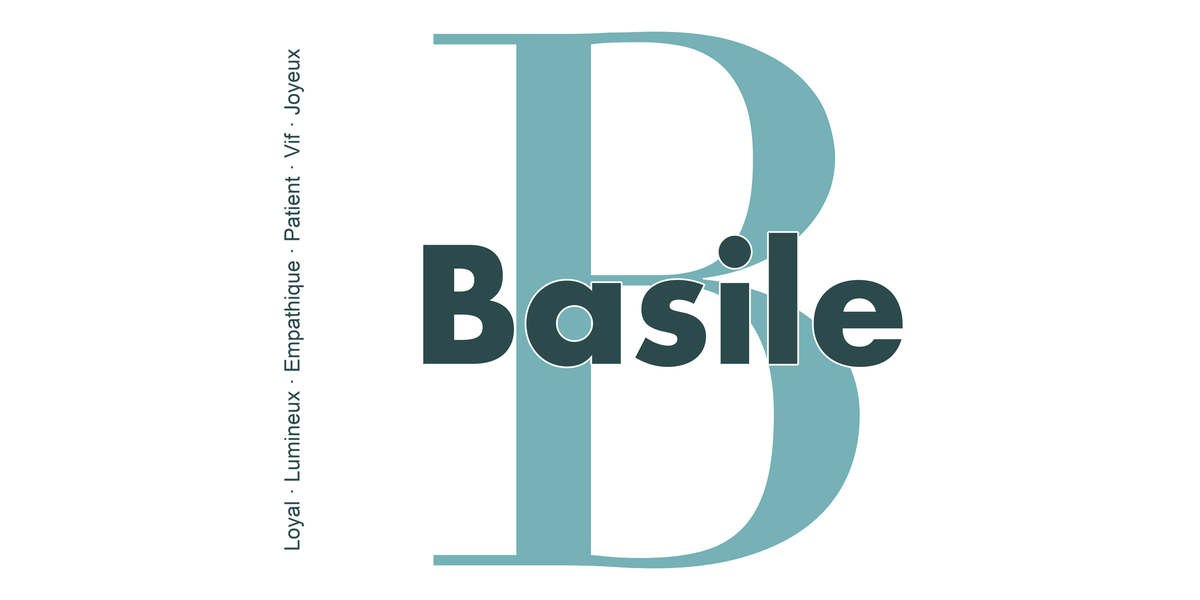 Visuel à plat du mug prénom Basile : initiale B pleine hauteur, prénom Basile centré et ligne verticale « Loyal · Lumineux · Empathique · Patient · Vif · Joyeux »