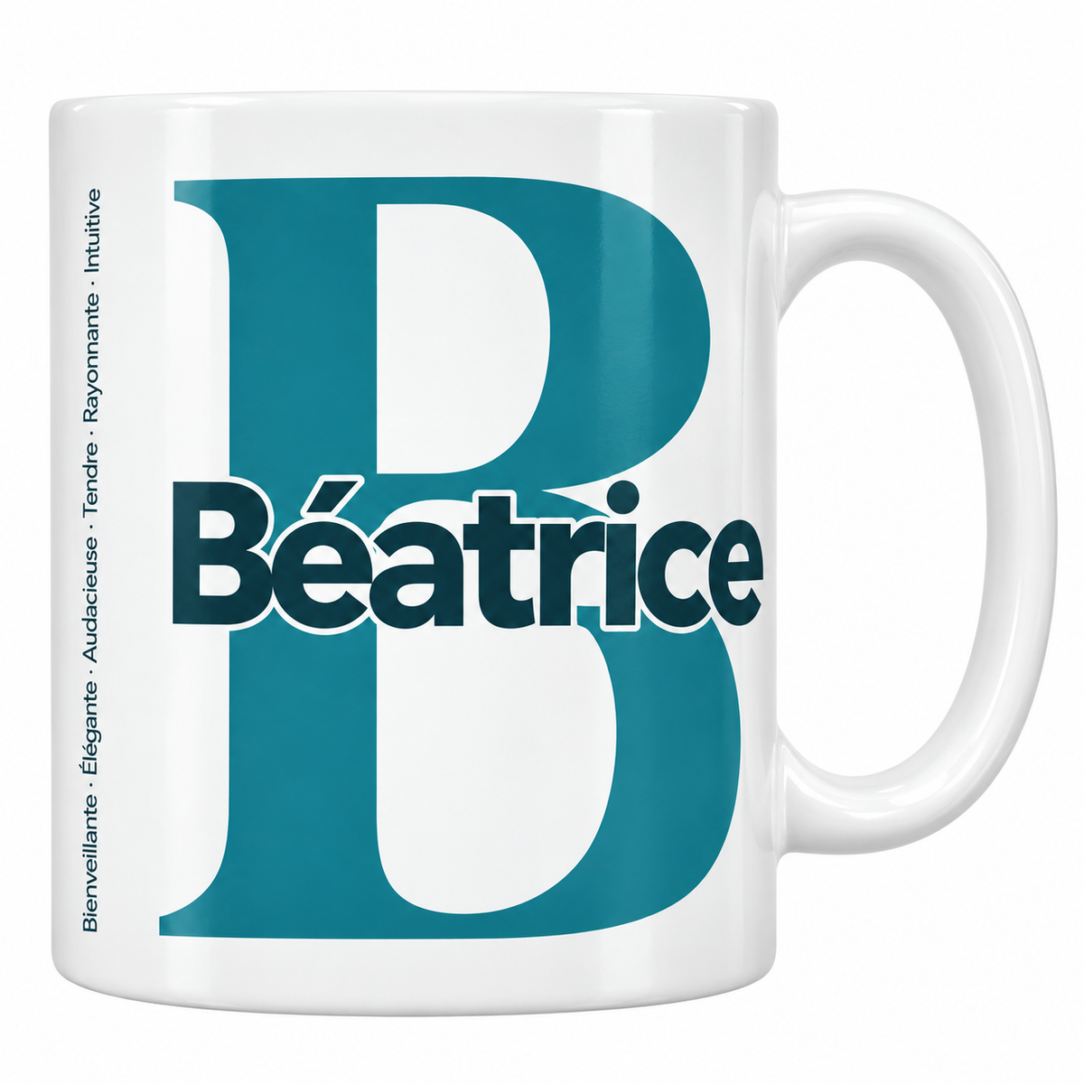 Mug blanc céramique 330 ml prénom Béatrice : grande initiale B, prénom Béatrice en lettres bold et six qualités verticales sur le côté