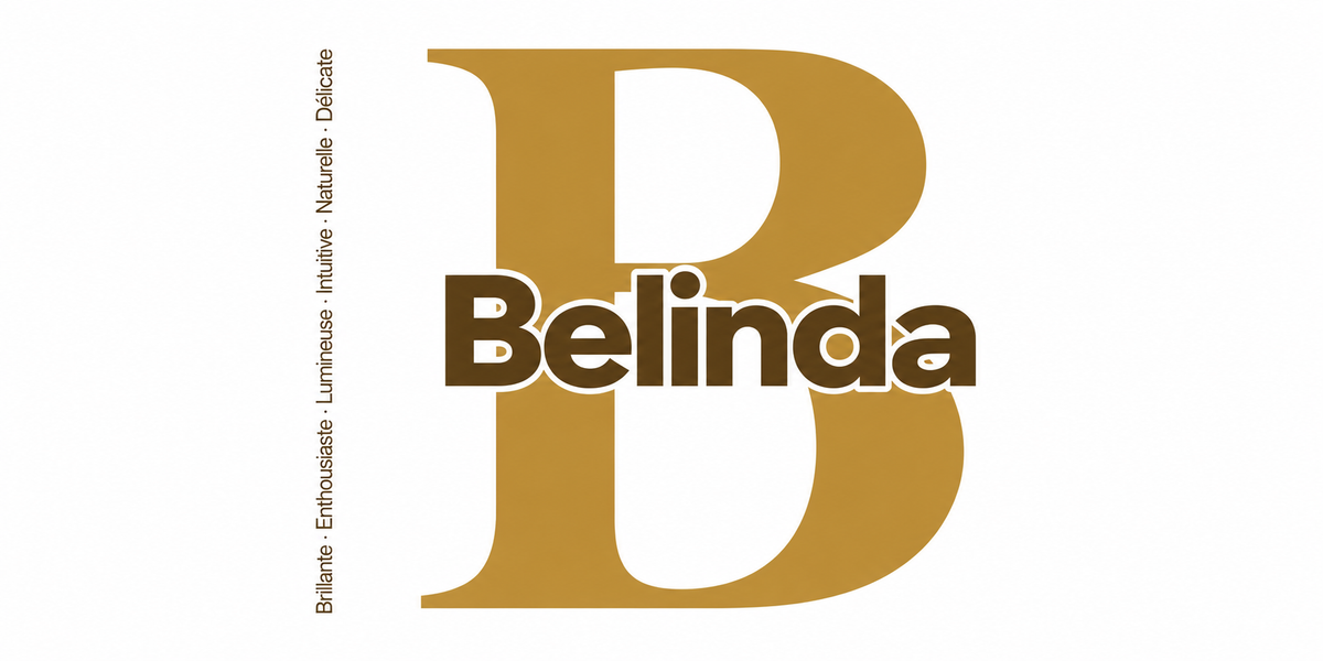 Visuel à plat du mug prénom Belinda : initiale B pleine hauteur, prénom Belinda centré et ligne verticale « Brillante · Enthousiaste · Lumineuse · Intuitive · Naturelle · Délicate »