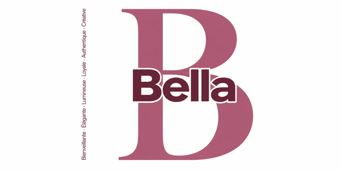 Visuel à plat du mug prénom Bella : initiale B pleine hauteur, prénom Bella centré et ligne verticale « Bienveillante · Élégante · Lumineuse · Loyale · Authentique · Créative »