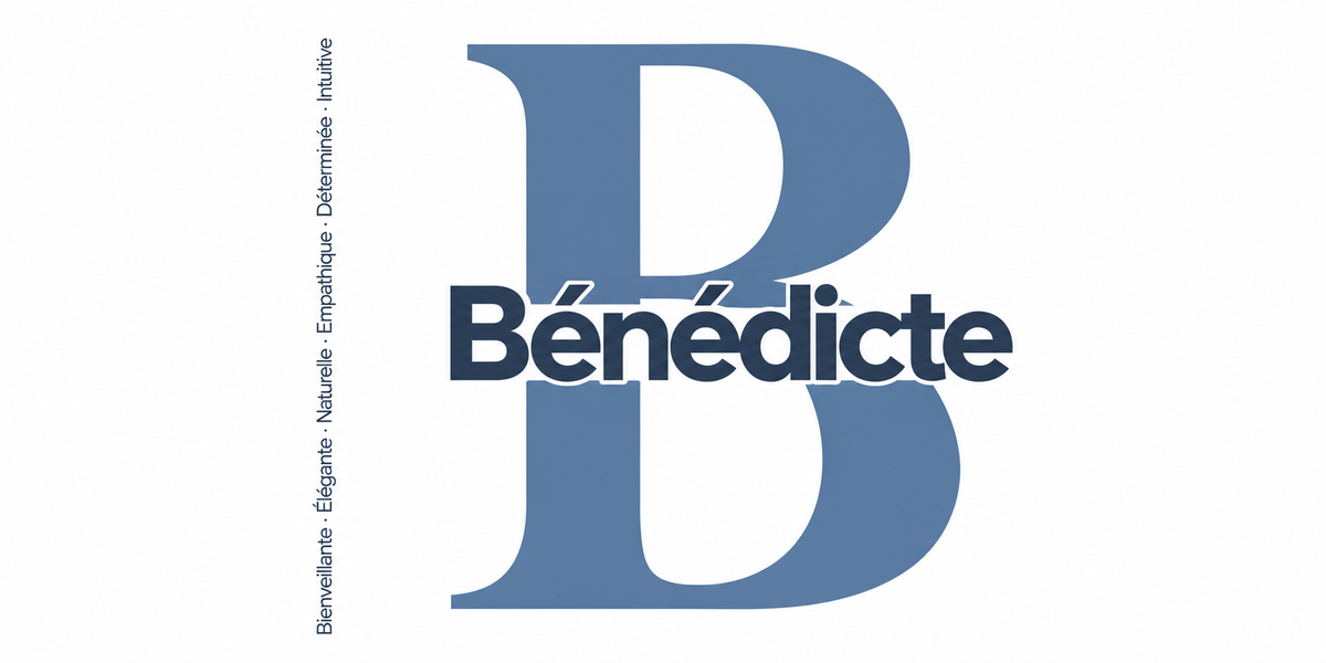 Visuel à plat du mug prénom Bénédicte : initiale B pleine hauteur, prénom Bénédicte centré et ligne verticale « Bienveillante · Élégante · Naturelle · Empathique · Déterminée · Intuitive »