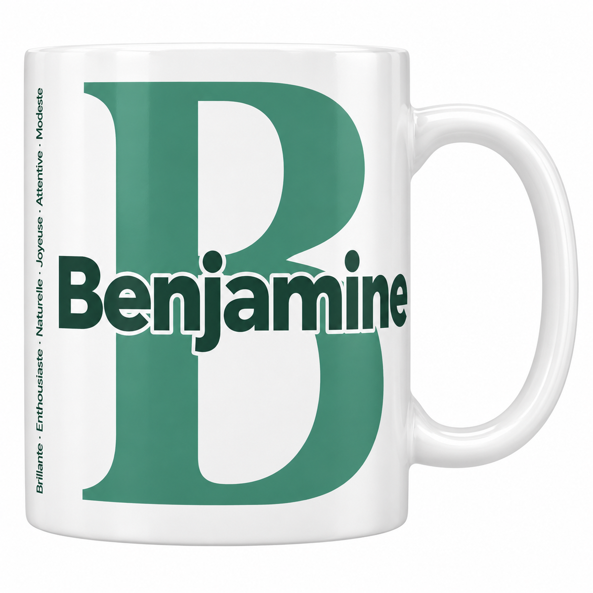 Mug blanc céramique 330 ml prénom Benjamine : grande initiale B, prénom Benjamine en lettres bold et six qualités verticales sur le côté