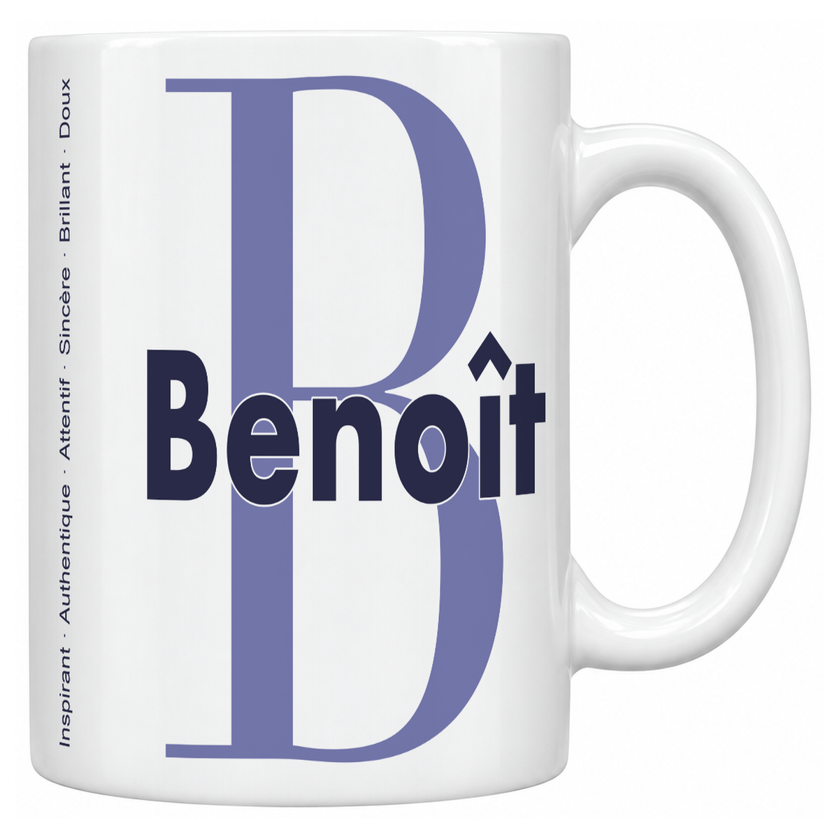 Mug blanc céramique 330 ml prénom Benoît : grande initiale B, prénom Benoît en lettres bold et six qualités verticales sur le côté