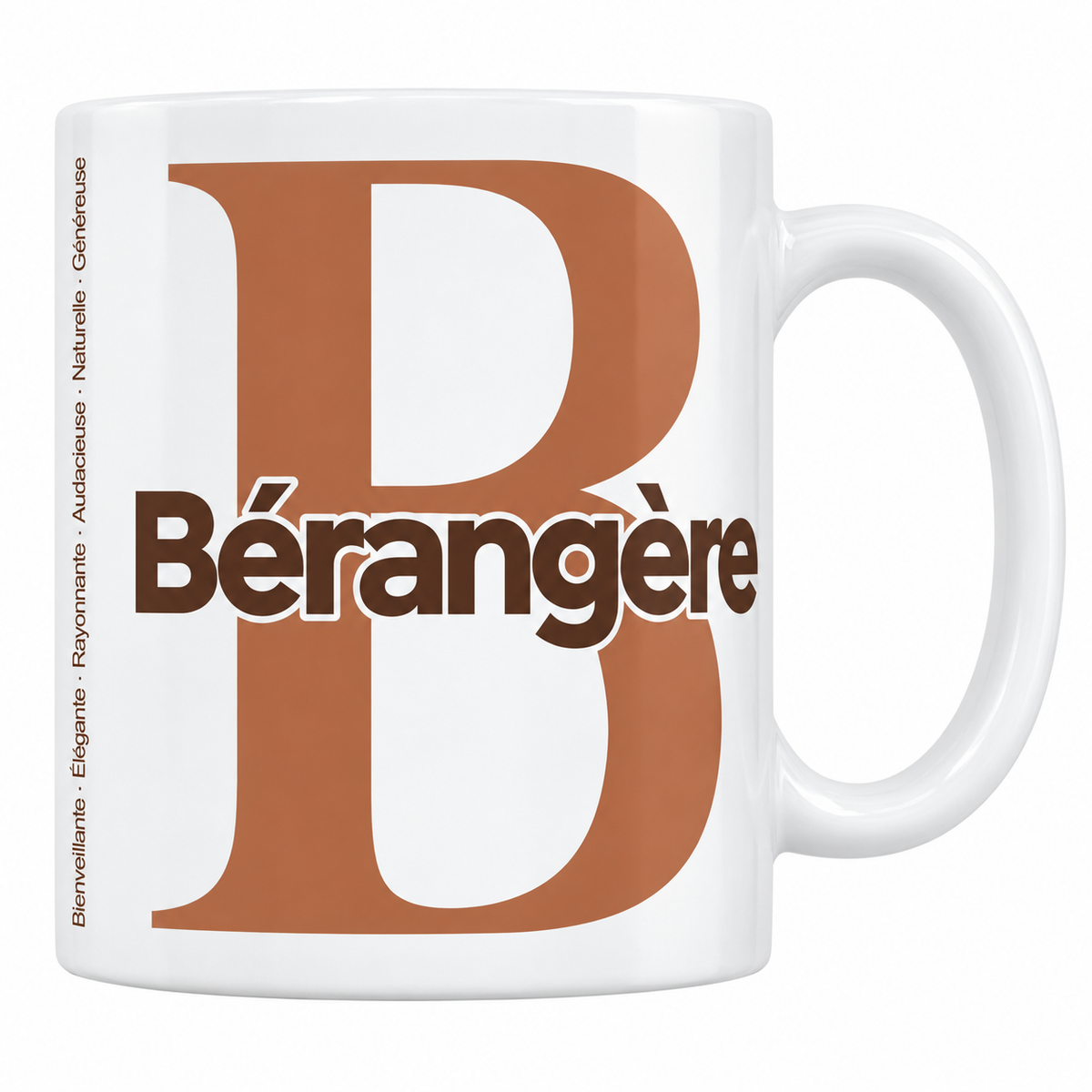 Mug blanc céramique 330 ml prénom Bérangère : grande initiale B, prénom Bérangère en lettres bold et six qualités verticales sur le côté