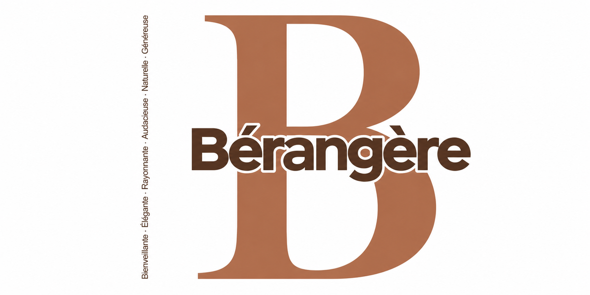 Visuel à plat du mug prénom Bérangère : initiale B pleine hauteur, prénom Bérangère centré et ligne verticale « Bienveillante · Élégante · Rayonnante · Audacieuse · Naturelle · Généreuse »
