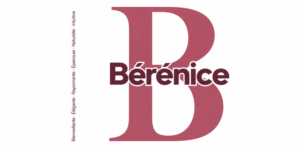 Visuel à plat du mug prénom Bérénice : initiale B pleine hauteur, prénom Bérénice centré et ligne verticale « Bienveillante · Élégante · Rayonnante · Épanouie · Naturelle · Intuitive »