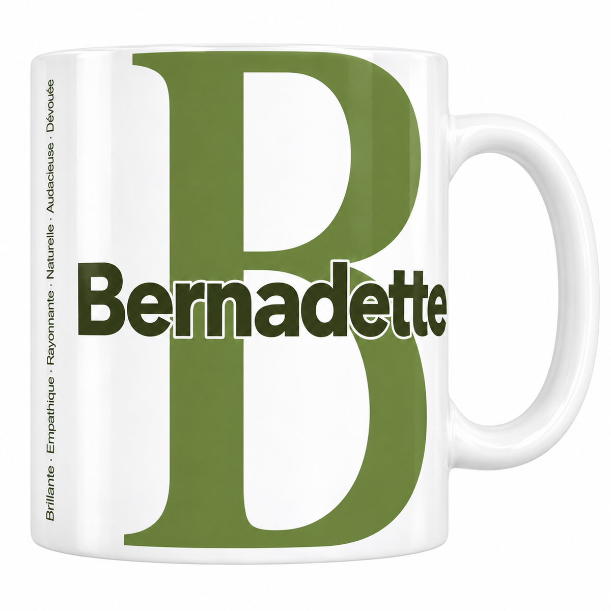 Mug blanc céramique 330 ml prénom Bernadette : grande initiale B, prénom Bernadette en lettres bold et six qualités verticales sur le côté