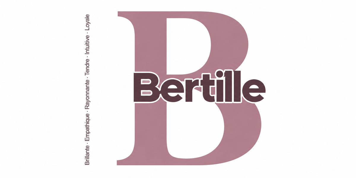 Visuel à plat du mug prénom Bertille : initiale B pleine hauteur, prénom Bertille centré et ligne verticale « Brillante · Empathique · Rayonnante · Tendre · Intuitive · Loyale »