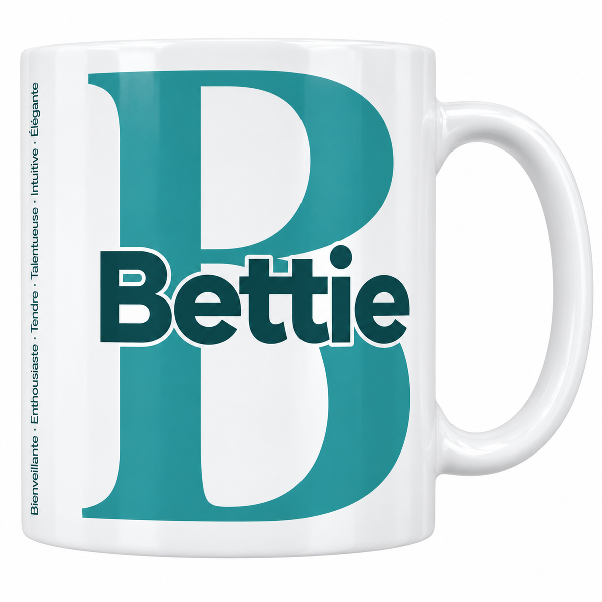 Mug blanc céramique 330 ml prénom Bettie : grande initiale B, prénom Bettie en lettres bold et six qualités verticales sur le côté