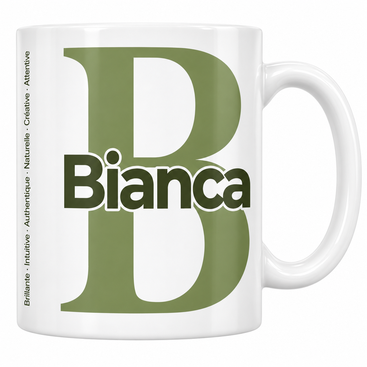 Mug blanc céramique 330 ml prénom Bianca : grande initiale B, prénom Bianca en lettres bold et six qualités verticales sur le côté