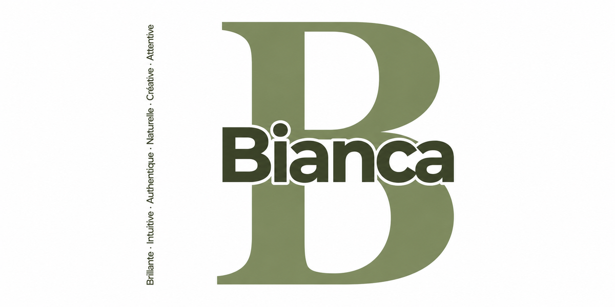 Visuel à plat du mug prénom Bianca : initiale B pleine hauteur, prénom Bianca centré et ligne verticale « Brillante · Intuitive · Authentique · Naturelle · Créative · Attentive »